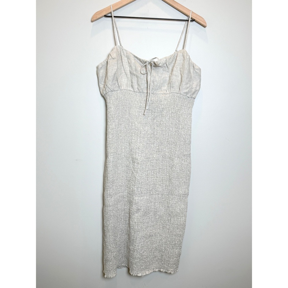 NWT J. Crew 100% Linen Smocked Midi Dress Sleeveless Neutral Coastal 12 Flax
